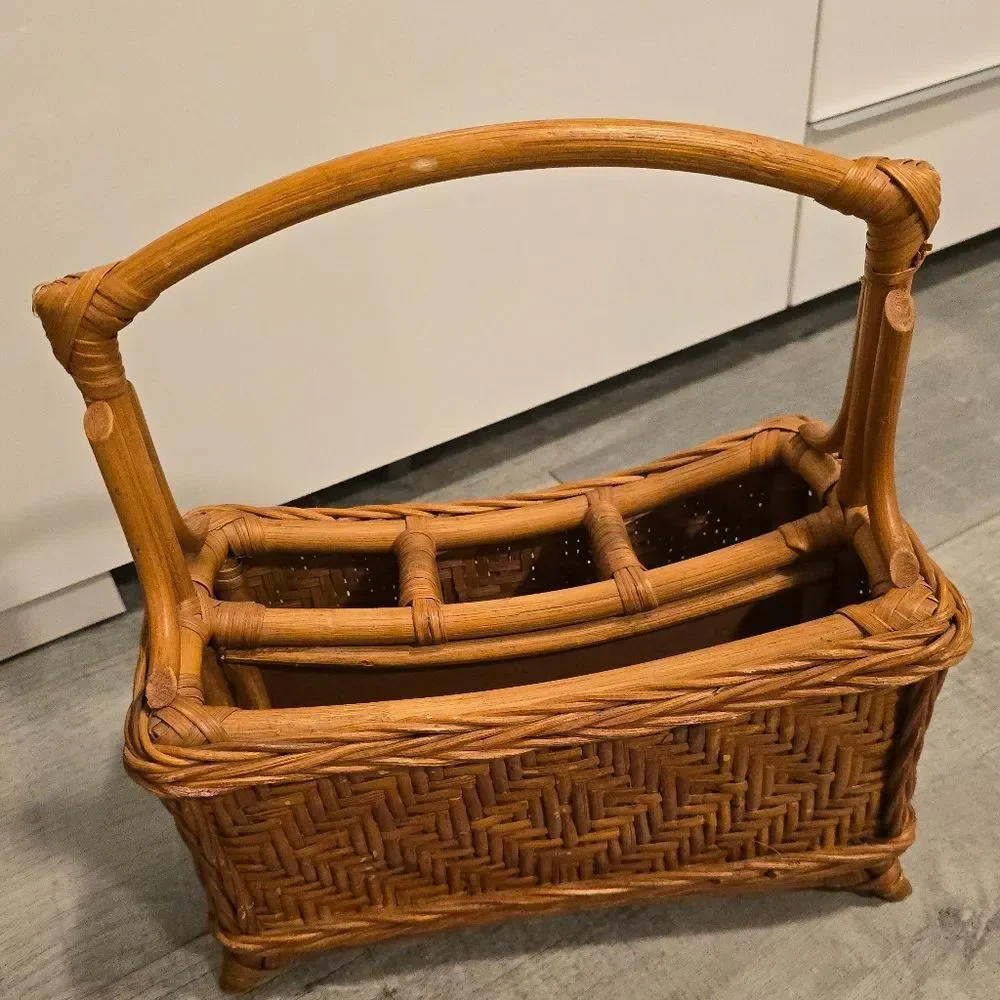 Vintage Bamboo Wicker Basket Utensil Caddy Storage Bohemian Organizer